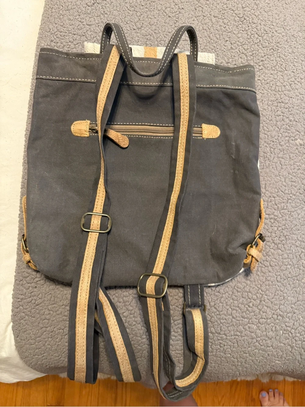 Myra Bag Gray and Cream Canvas Backpack with Brown Accents